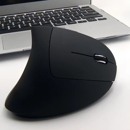Black ergonomic vertical wireless mouse showing 57-degree angle design with USB receiver
