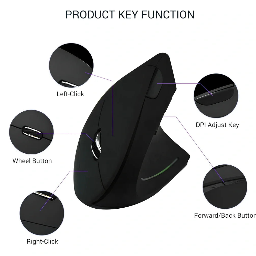 Black ergonomic vertical wireless mouse showing 57-degree angle design with USB receiver