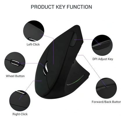 Black ergonomic vertical wireless mouse showing 57-degree angle design with USB receiver