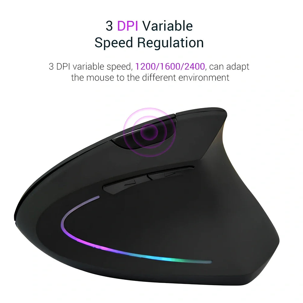 Black ergonomic vertical wireless mouse showing 57-degree angle design with USB receiver