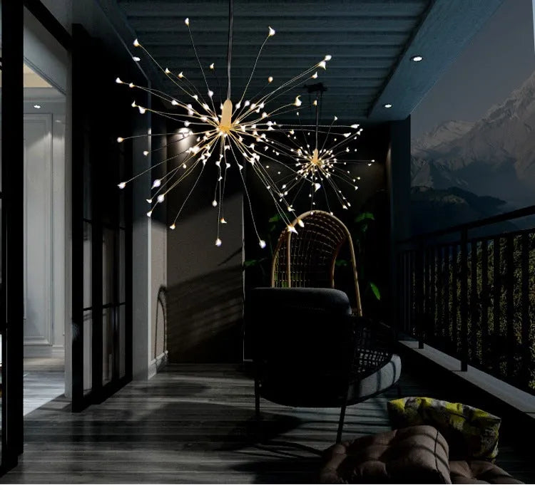 Solar firework LED light explosion decoration, starry night meteor shower light with 5000 lumen output, IP65 waterproof rating, PVC shell, 24V input, room outdoor garden hanging light, warm colour, battery remote control, options A B C D