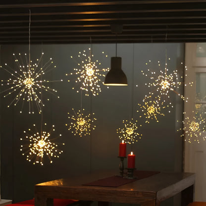 Solar-powered LED meteor shower light with firework effect, showing warm white lights on a PVC housing for outdoor use.