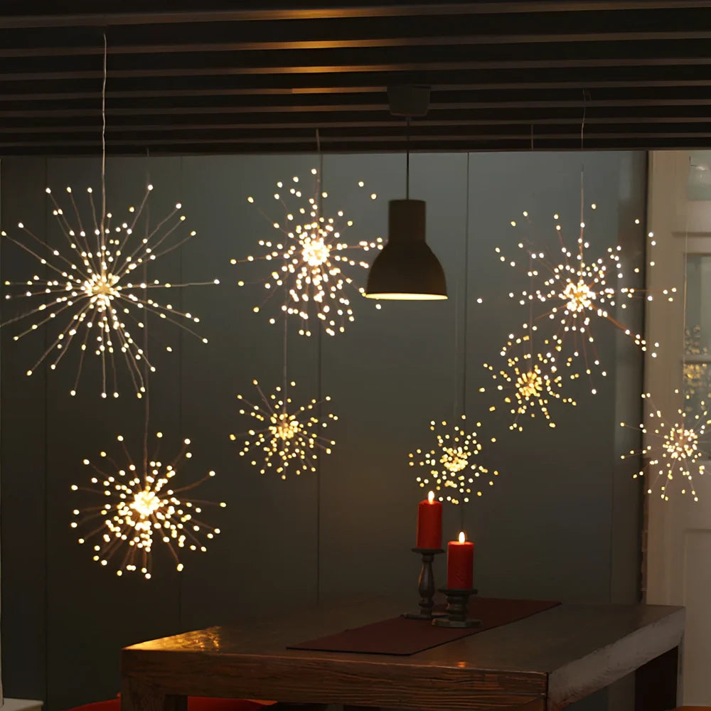 Solar LED meteor shower light with multiple warm white LEDs in outdoor garden setting