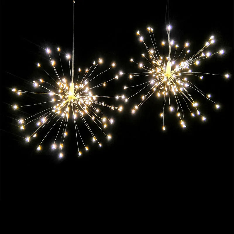 Solar-powered LED meteor shower light with firework effect, showing warm white lights on a PVC housing for outdoor use.