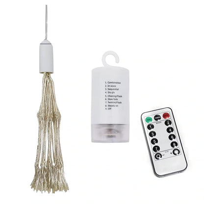 Solar LED meteor shower light with multiple warm white LEDs in outdoor garden setting