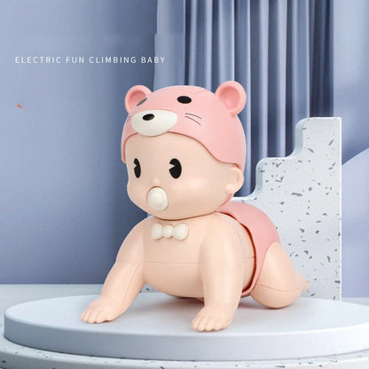 Electric crawler baby doll in blue and pink, promoting early education through interactive play