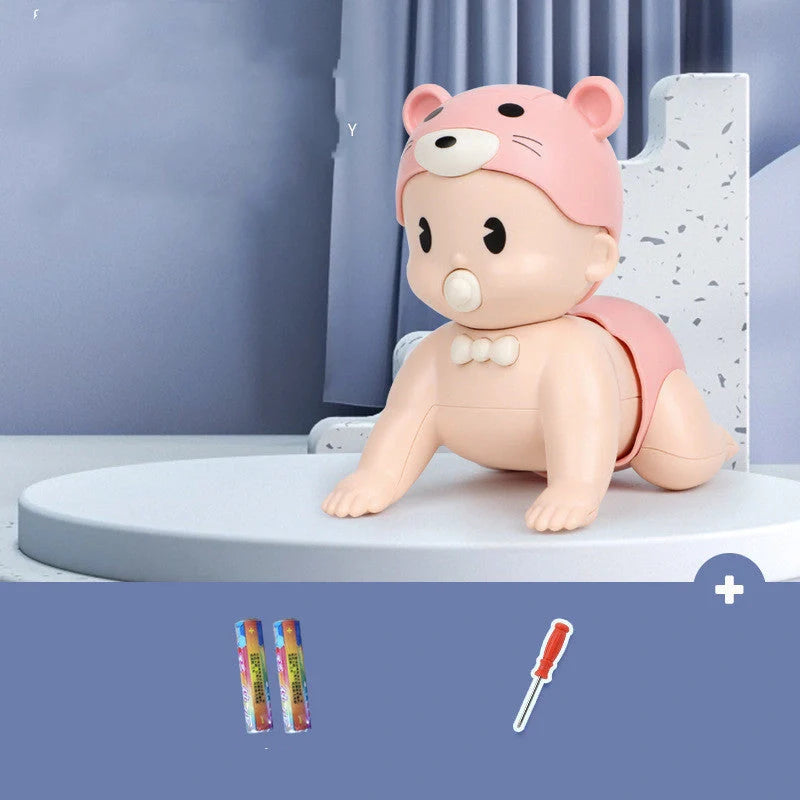 Electric crawler baby doll in blue and pink, promoting early education through interactive play