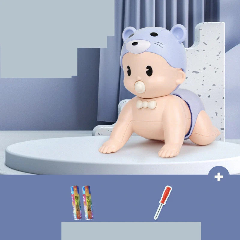 Electric crawler baby doll in blue and pink, promoting early education through interactive play
