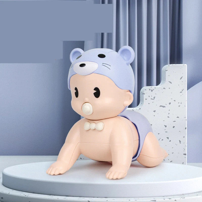 Electric crawler baby doll in blue and pink, promoting early education through interactive play