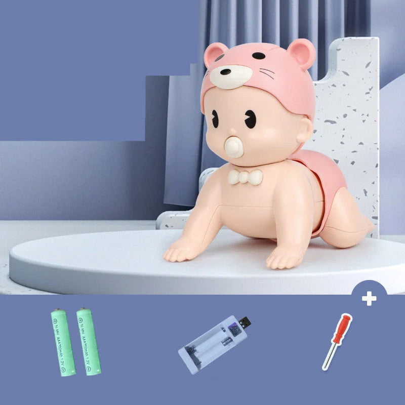 Electric crawler baby doll in blue and pink, promoting early education through interactive play