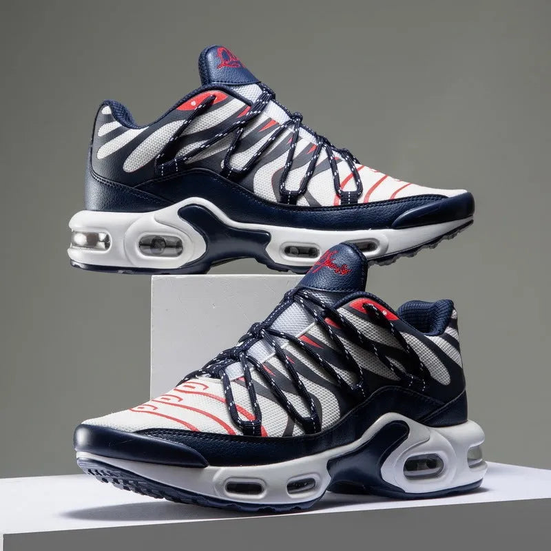 Men's air cushion training shoes with PU mesh upper, rubber sole, front tie, thick heel, black blue red white, sizes 39-46
