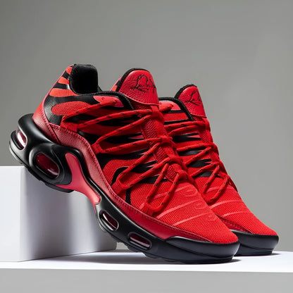 Men's air cushion training shoes with PU mesh upper, rubber sole, front tie, thick heel, black blue red white, sizes 39-46