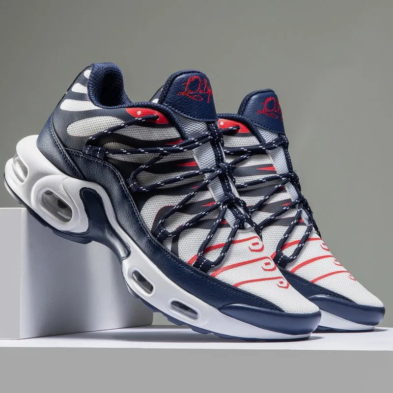 Men's air cushion training shoes with PU mesh upper, rubber sole, front tie, thick heel, black blue red white, sizes 39-46