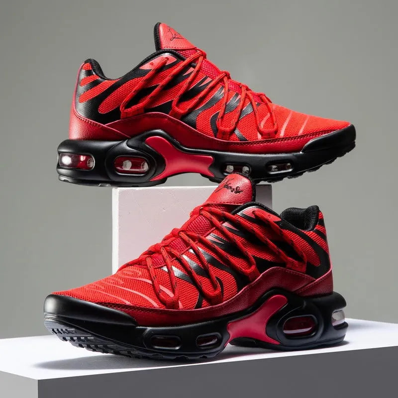 Men's air cushion training shoes with PU mesh upper, rubber sole, front tie, thick heel, black blue red white, sizes 39-46