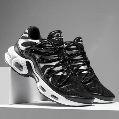 Men's air cushion training shoes with PU mesh upper, rubber sole, front tie, thick heel, black blue red white, sizes 39-46