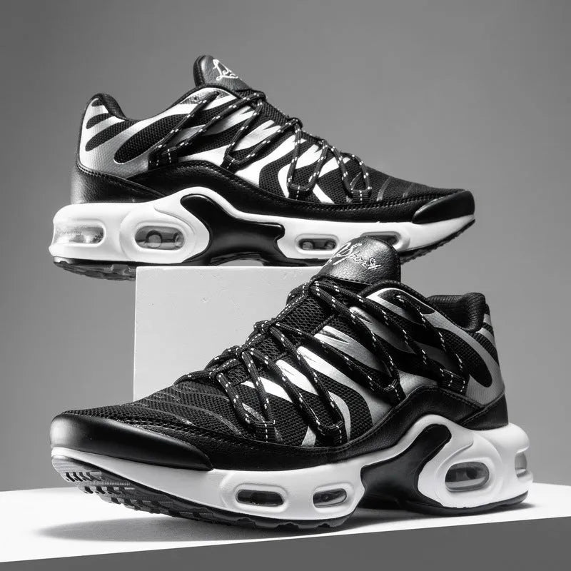 Men's air cushion training shoes with PU mesh upper, rubber sole, front tie, thick heel, black blue red white, sizes 39-46