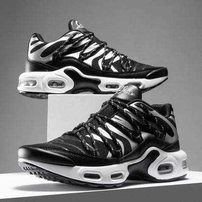 Men's air cushion training shoes with PU mesh upper, rubber sole, front tie, thick heel, black blue red white, sizes 39-46