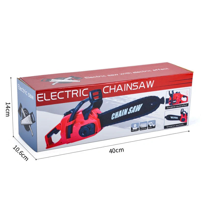 Kids electric chainsaw toy with real engine sound, red color, safe for children