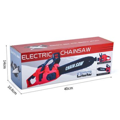 Kids electric chainsaw toy with real engine sound, red color, safe for children
