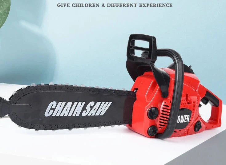 Kids electric chainsaw toy with real engine sound, red color, safe for children