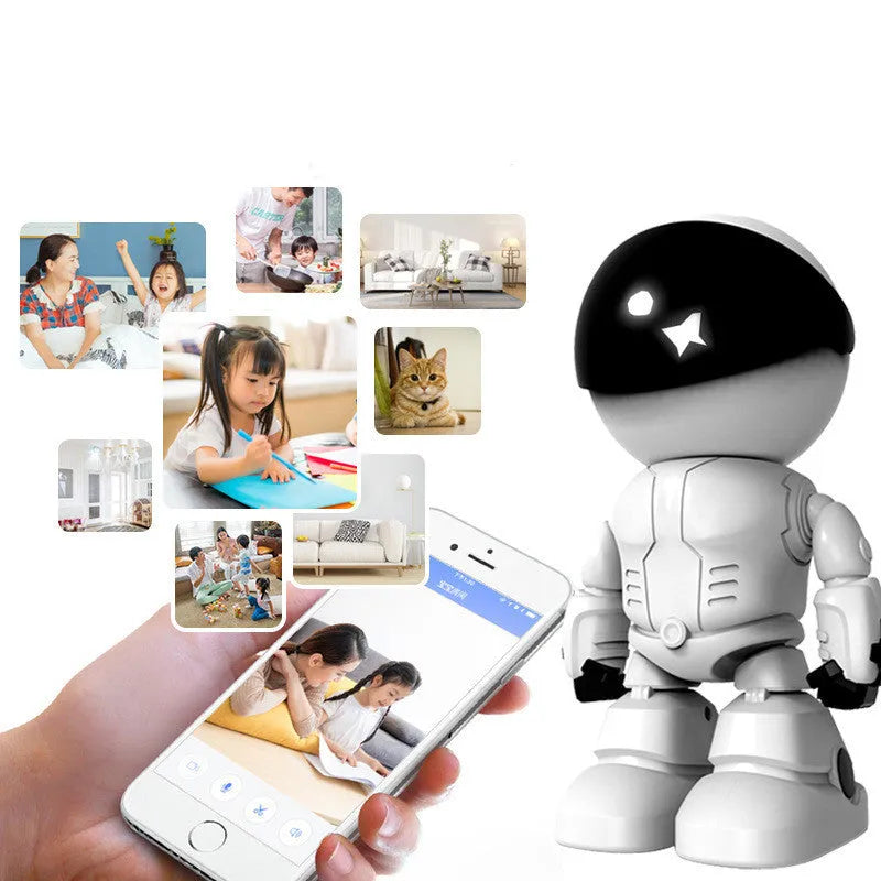 Silver remote control HD night vision robot network camera with wide-angle lens on a stand.