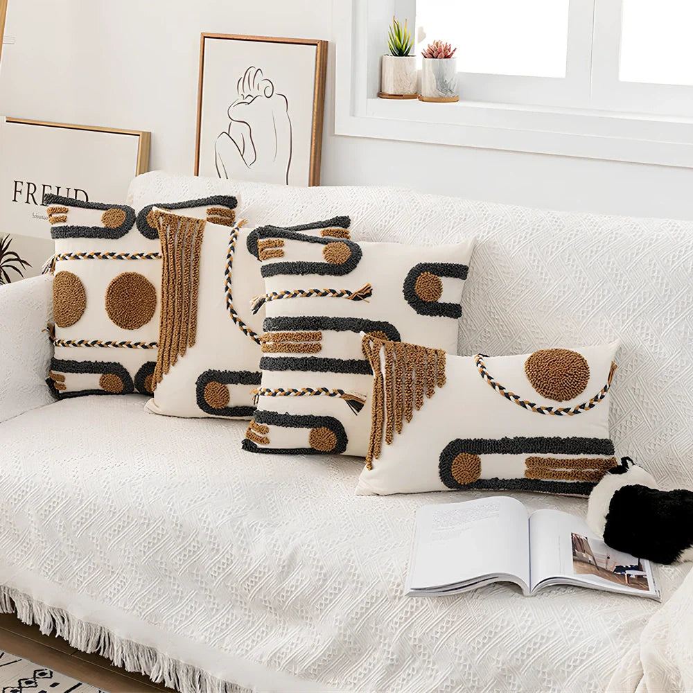Indian hand-tufted cushion cover with ethnic braid loop velvet detailing on 45cm square cotton fabric