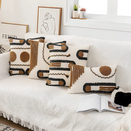Indian hand-tufted cushion cover with ethnic braid loop velvet detailing on 45cm square cotton fabric