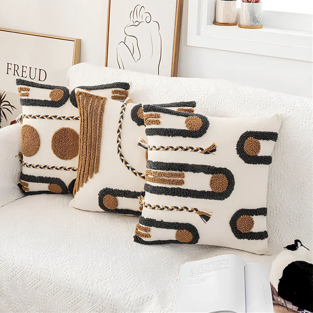 Indian hand-tufted cushion cover with ethnic braid loop velvet detailing on 45cm square cotton fabric
