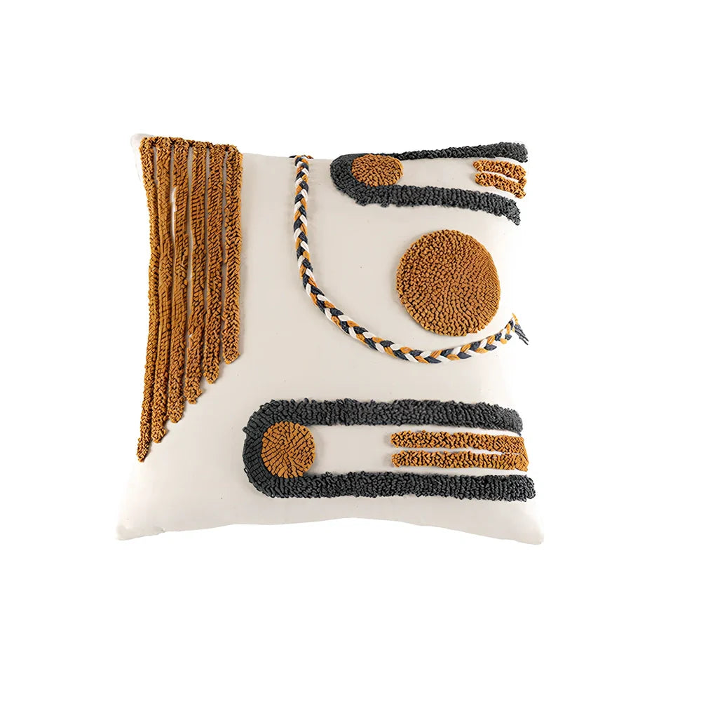 Indian hand-tufted cushion cover with ethnic braid loop velvet detailing on 45cm square cotton fabric