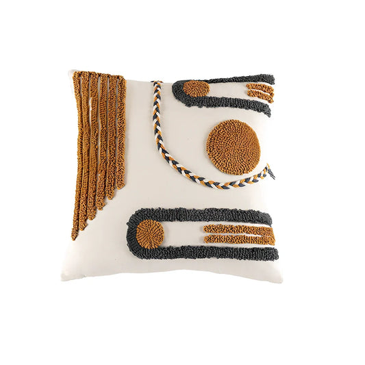 Indian hand-tufted cushion cover with ethnic braid loop velvet detailing on 45cm square cotton fabric