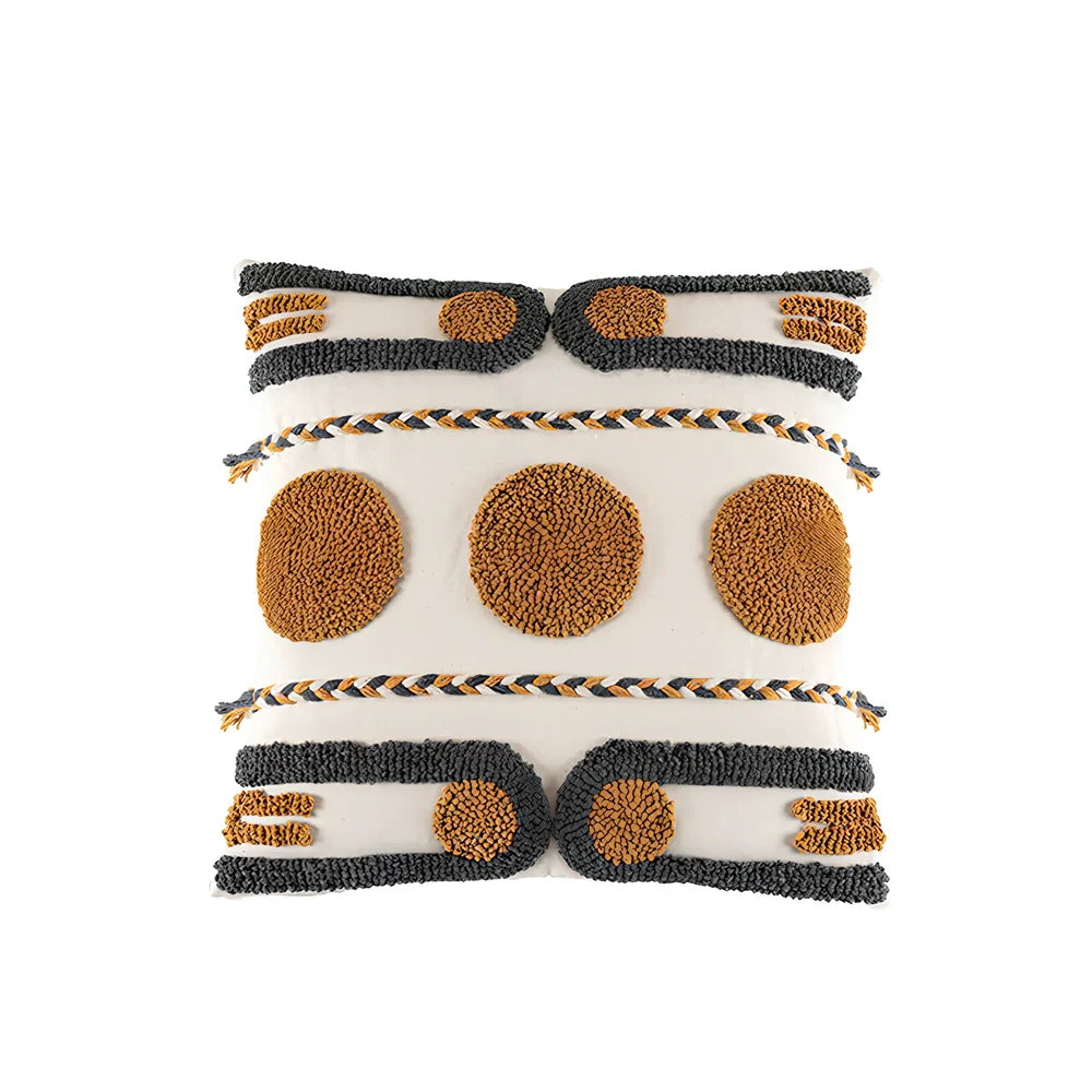 Indian hand-tufted cushion cover with ethnic braid loop velvet detailing on 45cm square cotton fabric