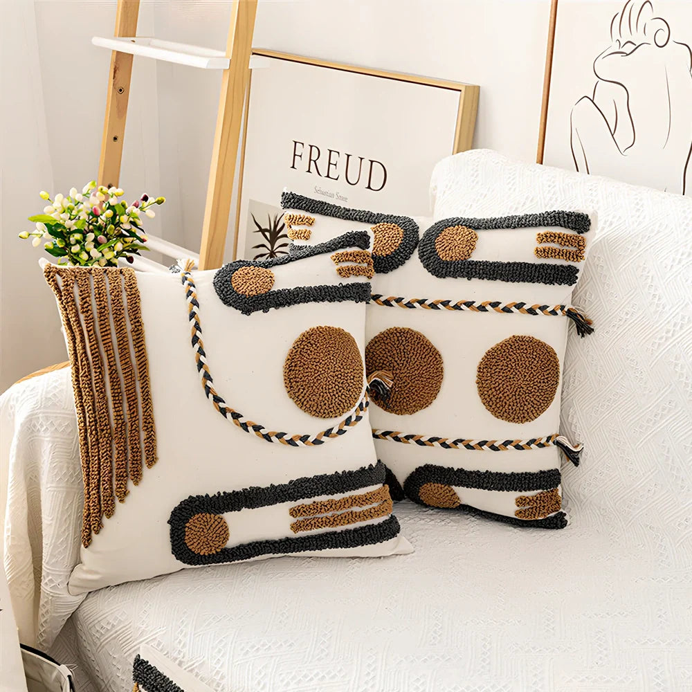 Indian hand-tufted cushion cover with ethnic braid loop velvet detailing on 45cm square cotton fabric