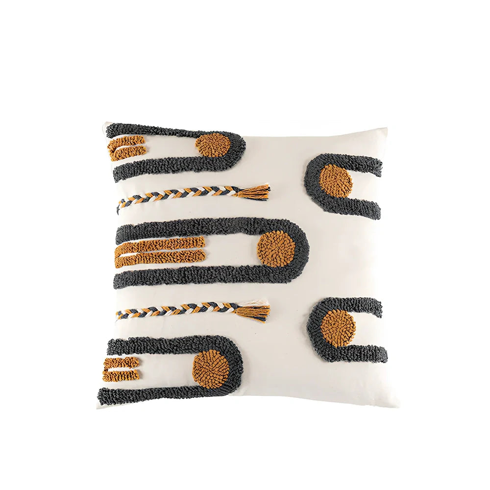 Indian hand-tufted cushion cover with ethnic braid loop velvet detailing on 45cm square cotton fabric