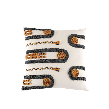 Indian hand-tufted cushion cover with ethnic braid loop velvet detailing on 45cm square cotton fabric