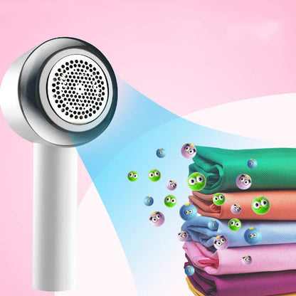 White rechargeable electric clothes shaver for removing fabric bobbles and lint.