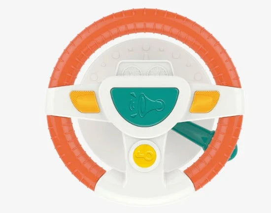 Interactive musical steering wheel toy with lights, sounds, and adjustable height for babies and toddlers