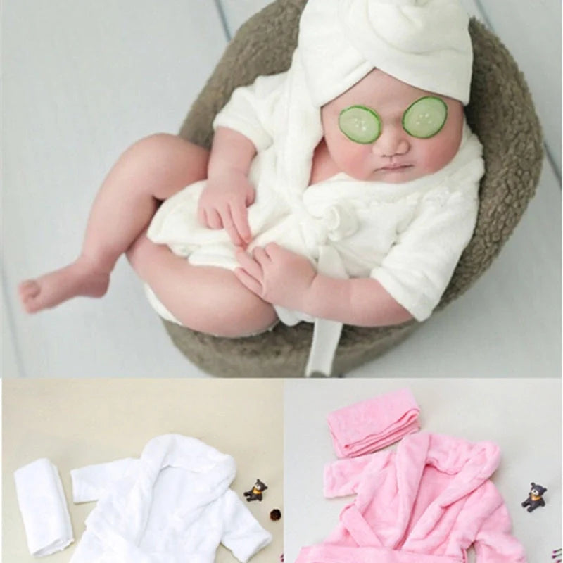 Soft baby bathrobe and head towel set in pink and white for newborns