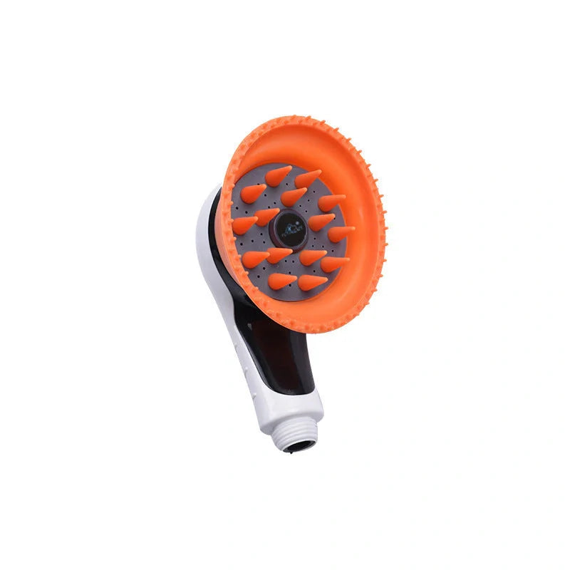 Pet Shower Kit with massage brush for cats and dogs in blue, orange, pink, and yellow