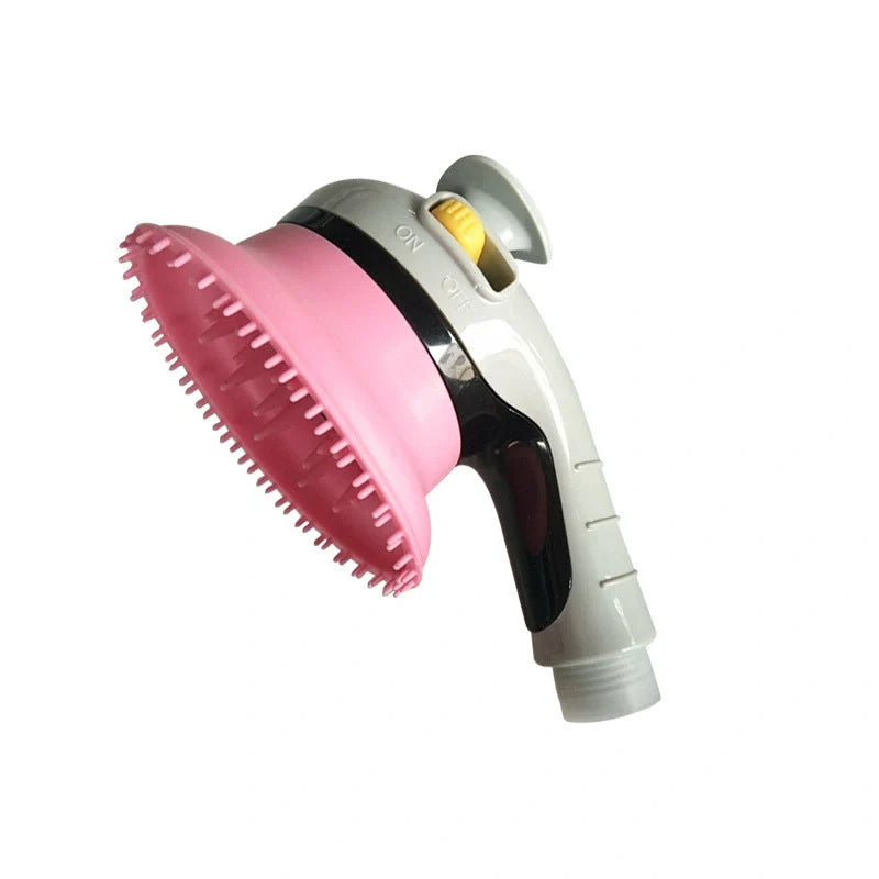 Pet Shower Kit with massage brush for cats and dogs in blue, orange, pink, and yellow
