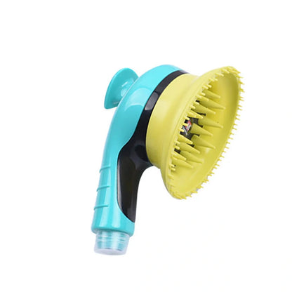 Pet Shower Kit with massage brush for cats and dogs in blue, orange, pink, and yellow