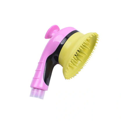 Pet Shower Kit with massage brush for cats and dogs in blue, orange, pink, and yellow