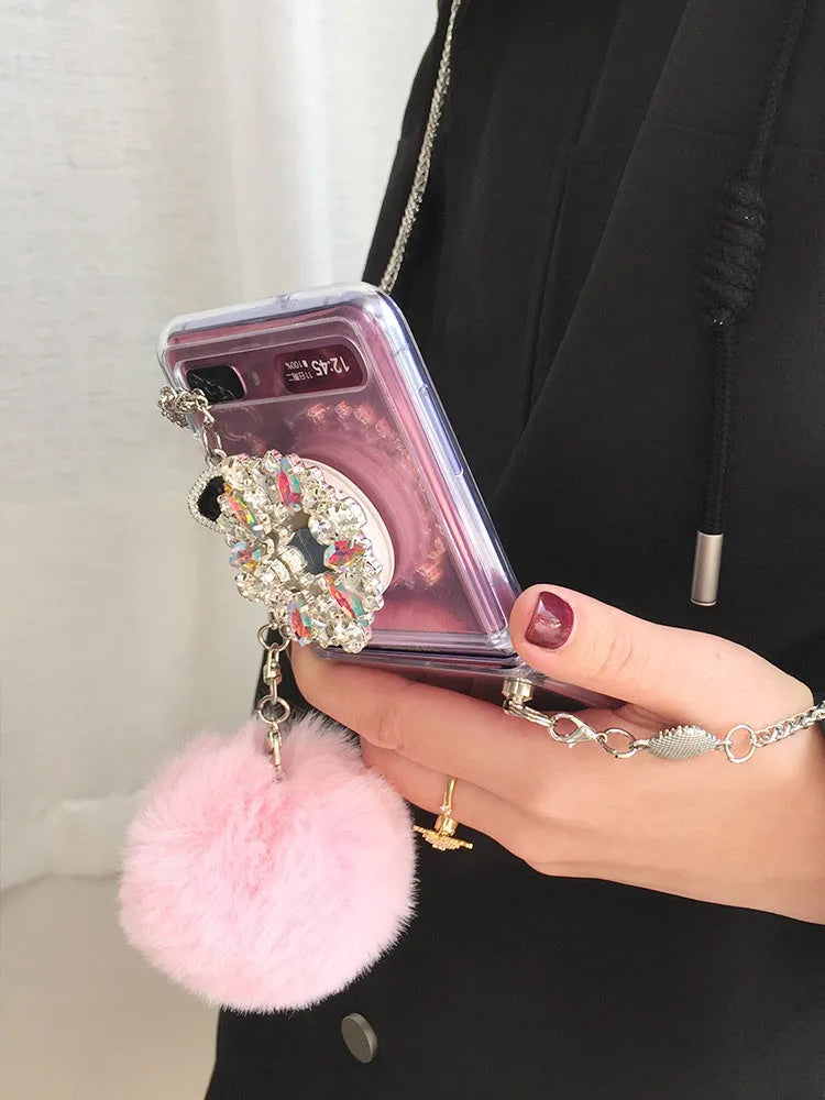 Samsung Galaxy Z Flip protective case with cartoon diagonal diamond hair powder hair ball design