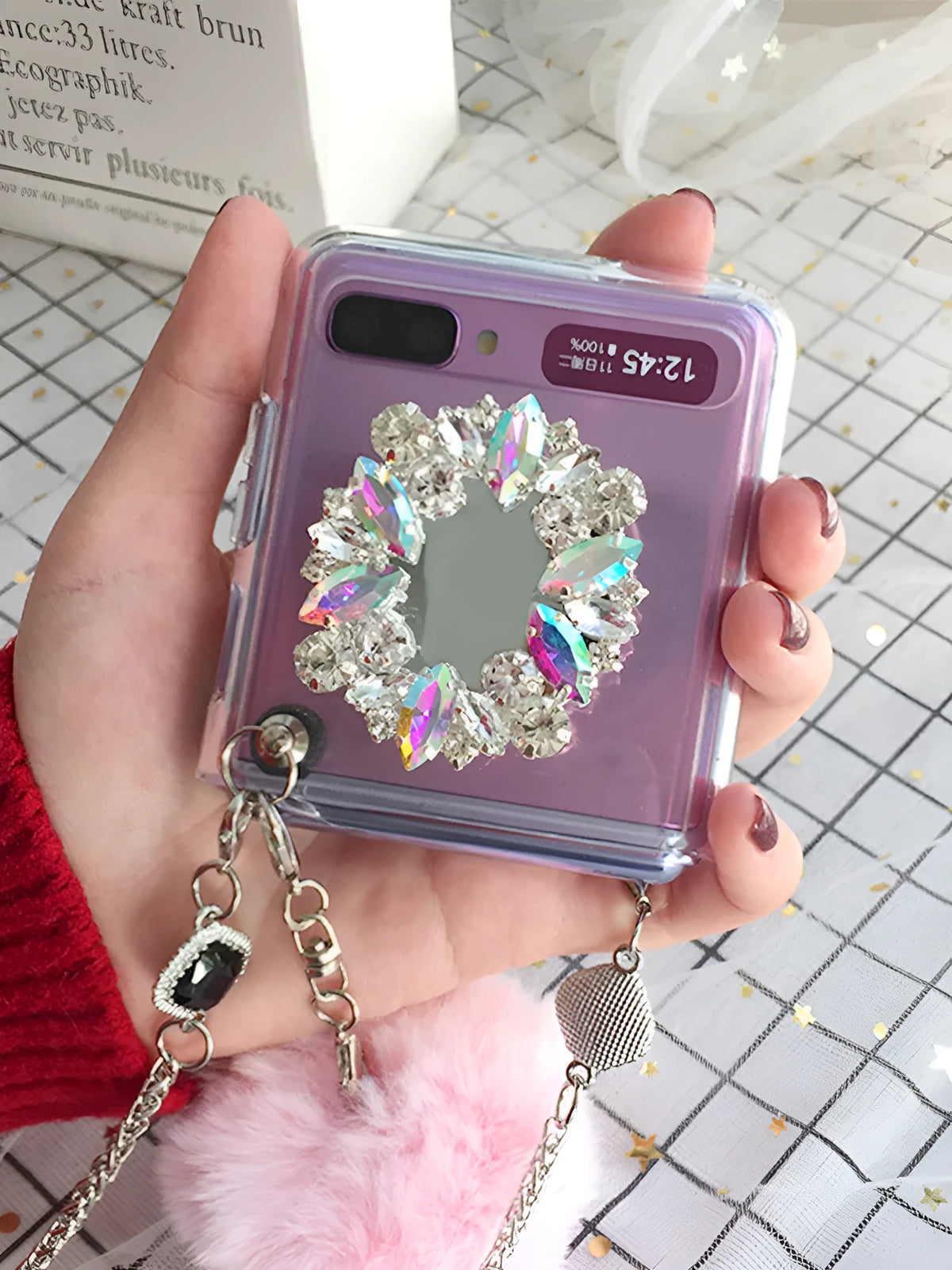 Samsung Galaxy Z Flip protective case with cartoon diagonal diamond hair powder hair ball design