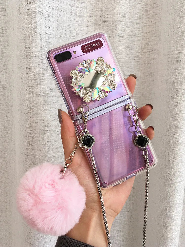 Samsung Galaxy Z Flip protective case with cartoon diagonal diamond hair powder hair ball design