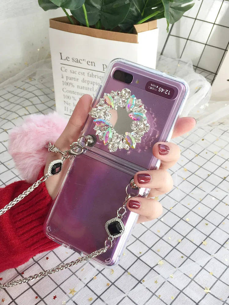 Samsung Galaxy Z Flip protective case with cartoon diagonal diamond hair powder hair ball design