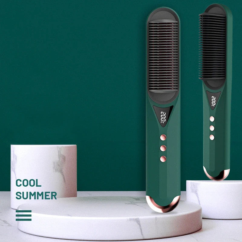 Dark green beard comb and hair straightener with PTC heating technology