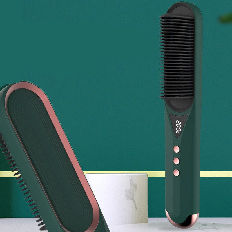 Dark green beard comb and hair straightener with PTC heating technology