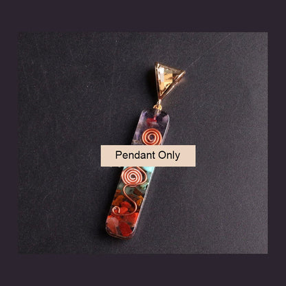 A stylish 7-chakra crystal pendant featuring a unique geometric design and natural stone patterns