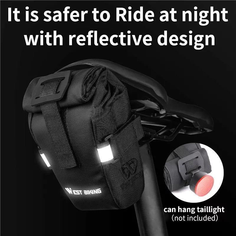 Compact bicycle tail bag for mountain and road bikes with Velcro installation