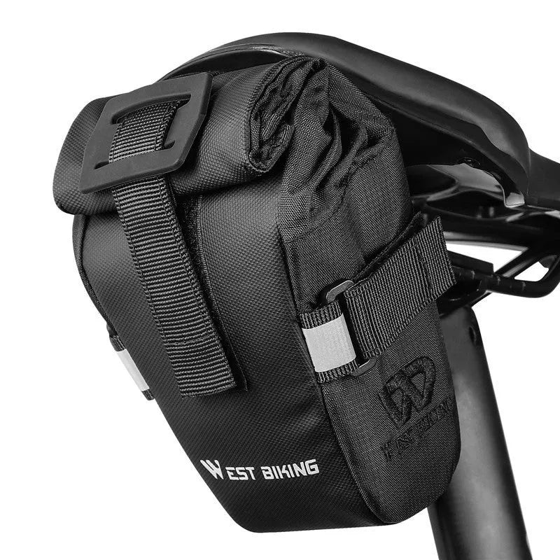Compact bicycle tail bag for mountain and road bikes with Velcro installation